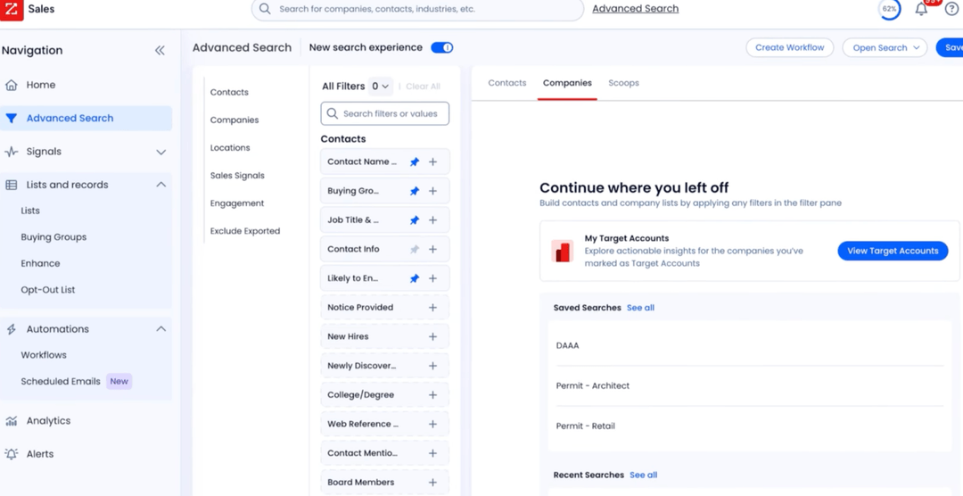 ZoomInfo Advanced Search screen with the contact filter list open on the left and a Continue where you left off panel showing saved searches on the right