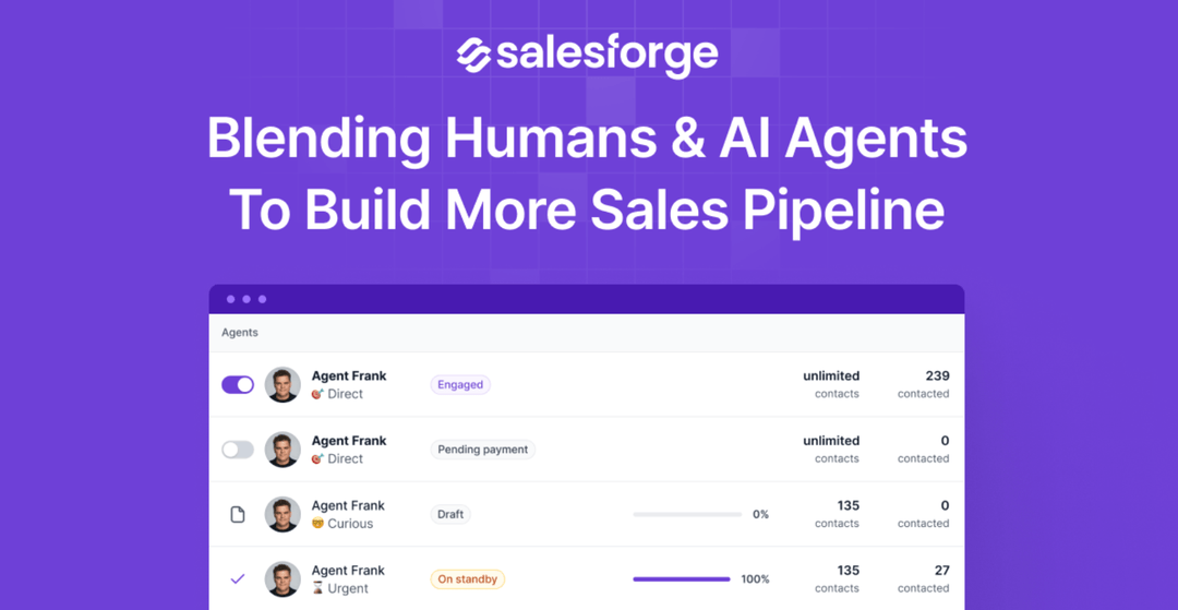 Interface Salesforge listant plusieurs instances d’Agent Frank avec leur volume de contacts et le statut de chaque campagne