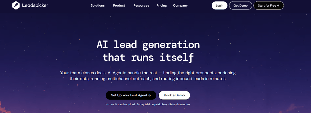 Leadspicker annon&ccedil;ant des agents IA qui sourcent les prospects, enrichissent leurs donn&eacute;es et lancent un outreach multicanal