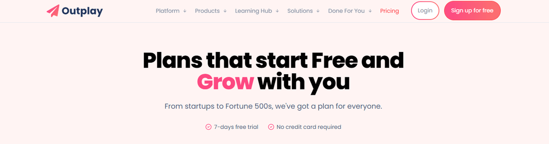 Page de prix Outplay annonçant des formules qui démarrent gratuitement, avec un essai de 7 jours sans carte bancaire