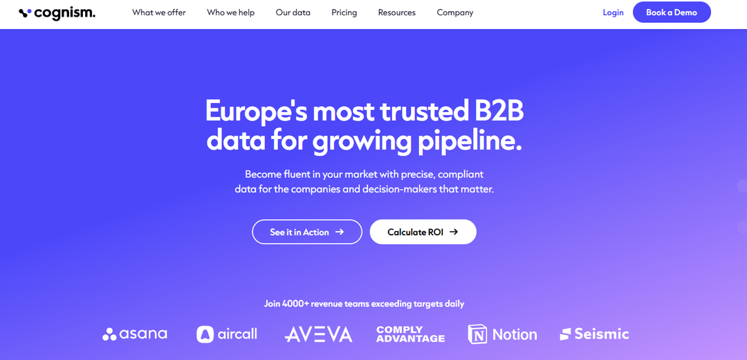 Cognism home page claiming Europe most trusted B2B data for growing pipeline, above a row of customer logos