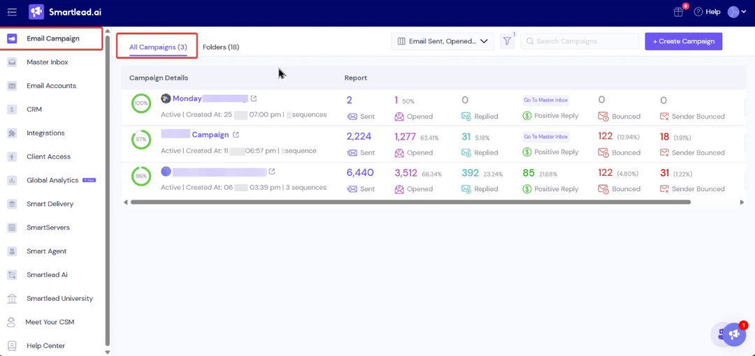 A Smartlead campaign sequence being built with follow-up steps and delays