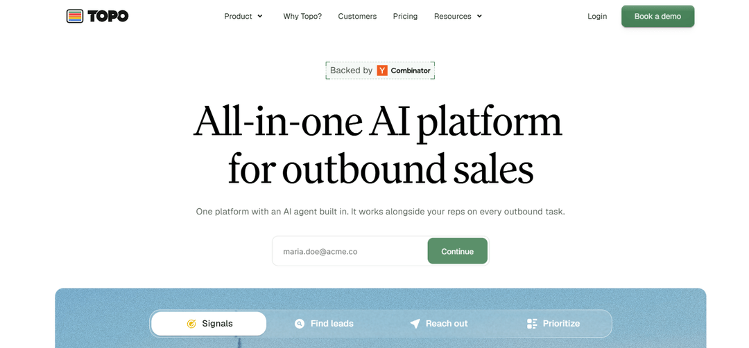 Topo home page headlined as an all-in-one AI platform for outbound sales, above a tab bar for signals, finding leads, reaching out and prioritizing