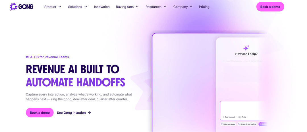 Gong home page headlined revenue AI built to automate handoffs, next to a preview of its in-product assistant panel