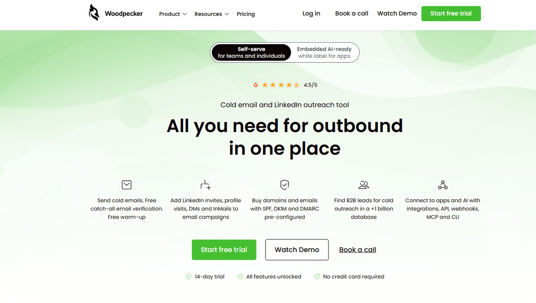 The Woodpecker homepage presenting its deliverability-focused cold email platform