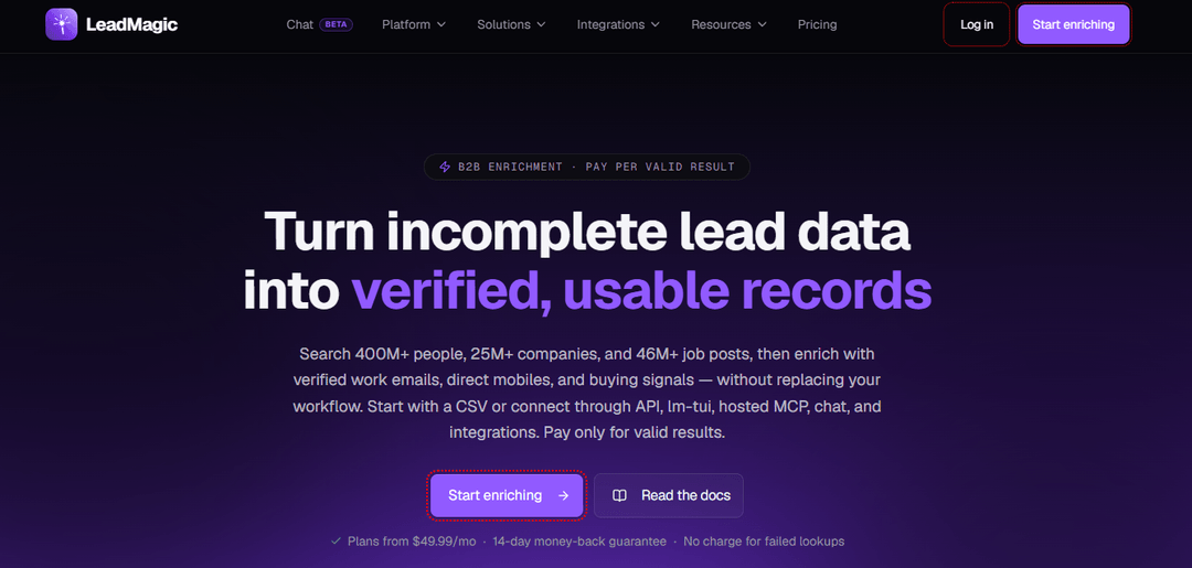LeadMagic banner counting 400M people and 25M companies above a start enriching button