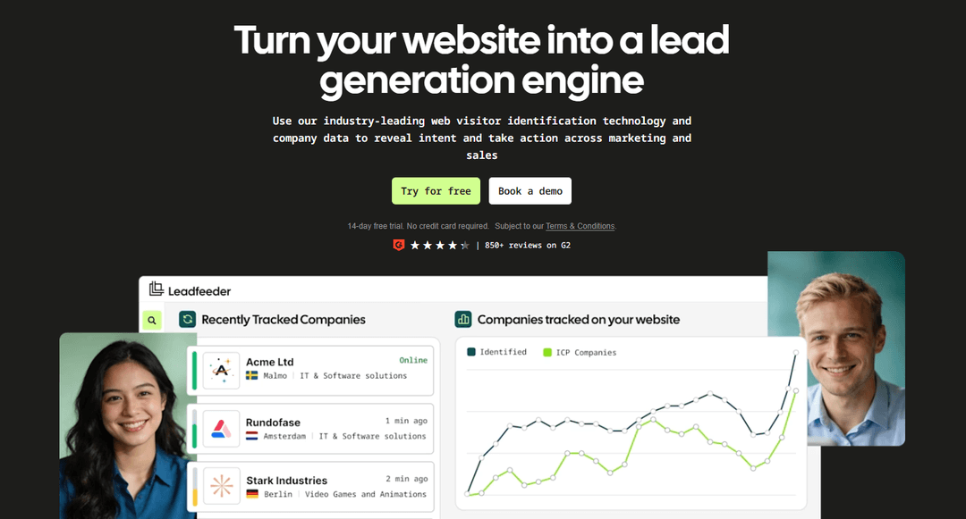 Leadfeeder screen listing recently tracked companies next to a chart of identified visitors