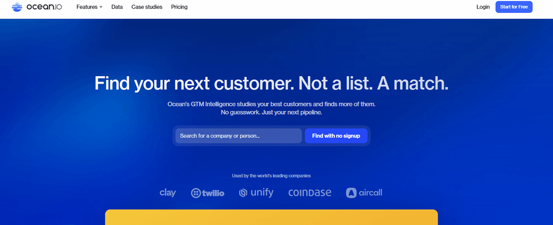 Ocean.io hero inviting a company search, with customer logos under the search field