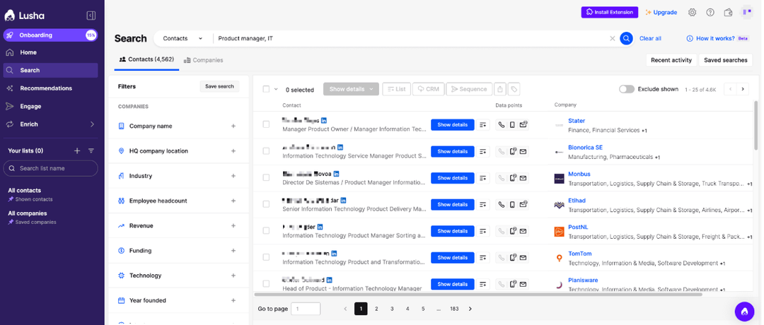 Lusha search screen listing product manager contacts with filters for headcount, revenue and funding down the left