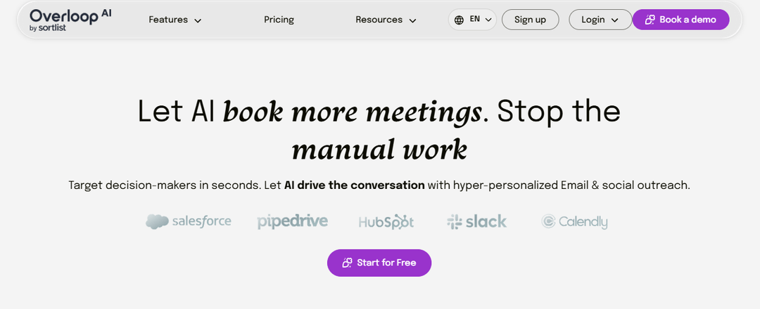 Overloop home page promising AI-booked meetings above a row of CRM logos it connects to