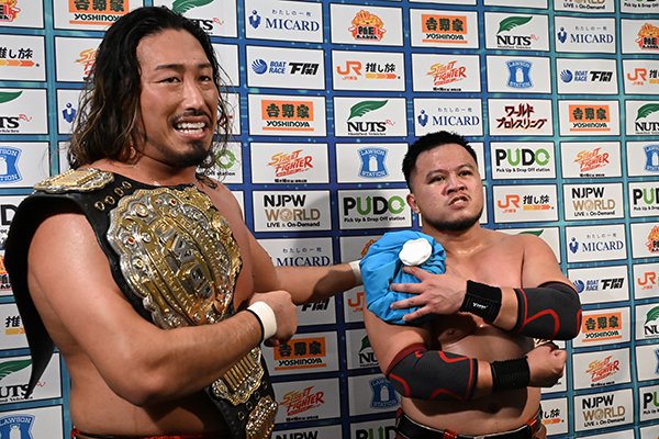 Yota Tsuji and Ares backstage after the NJPW debut