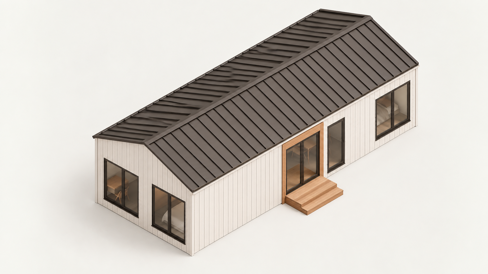 Lumara 640 exterior design concept with warm white siding, dark gable roof and a longer footprint