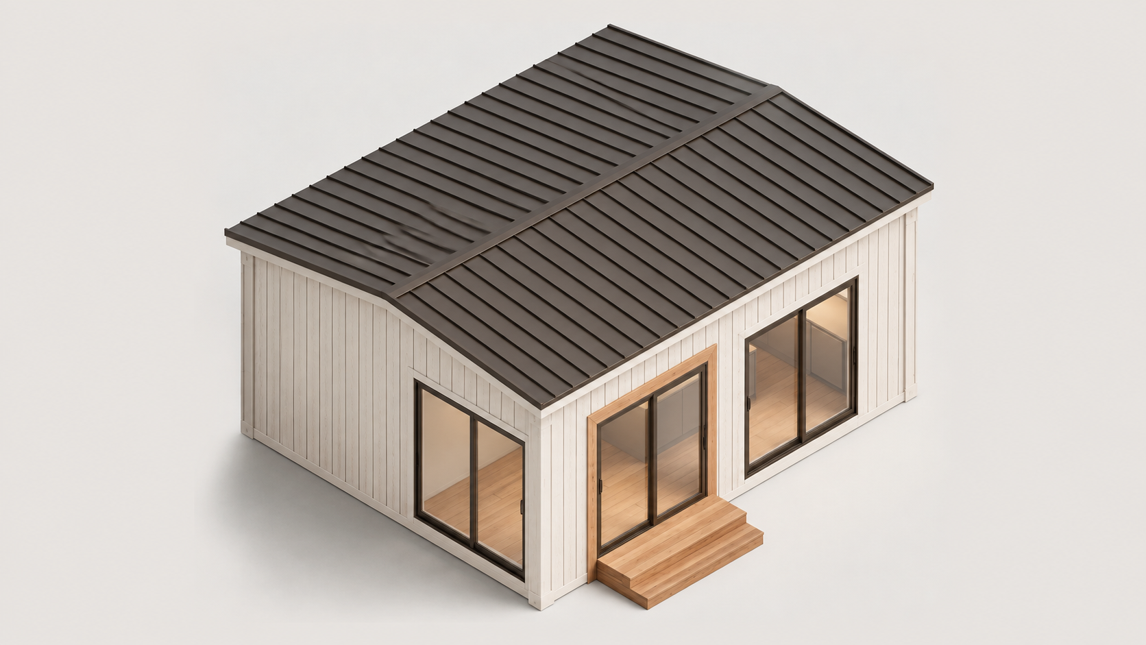 Lumara 320 exterior design concept with warm white siding, dark gable roof and timber entry