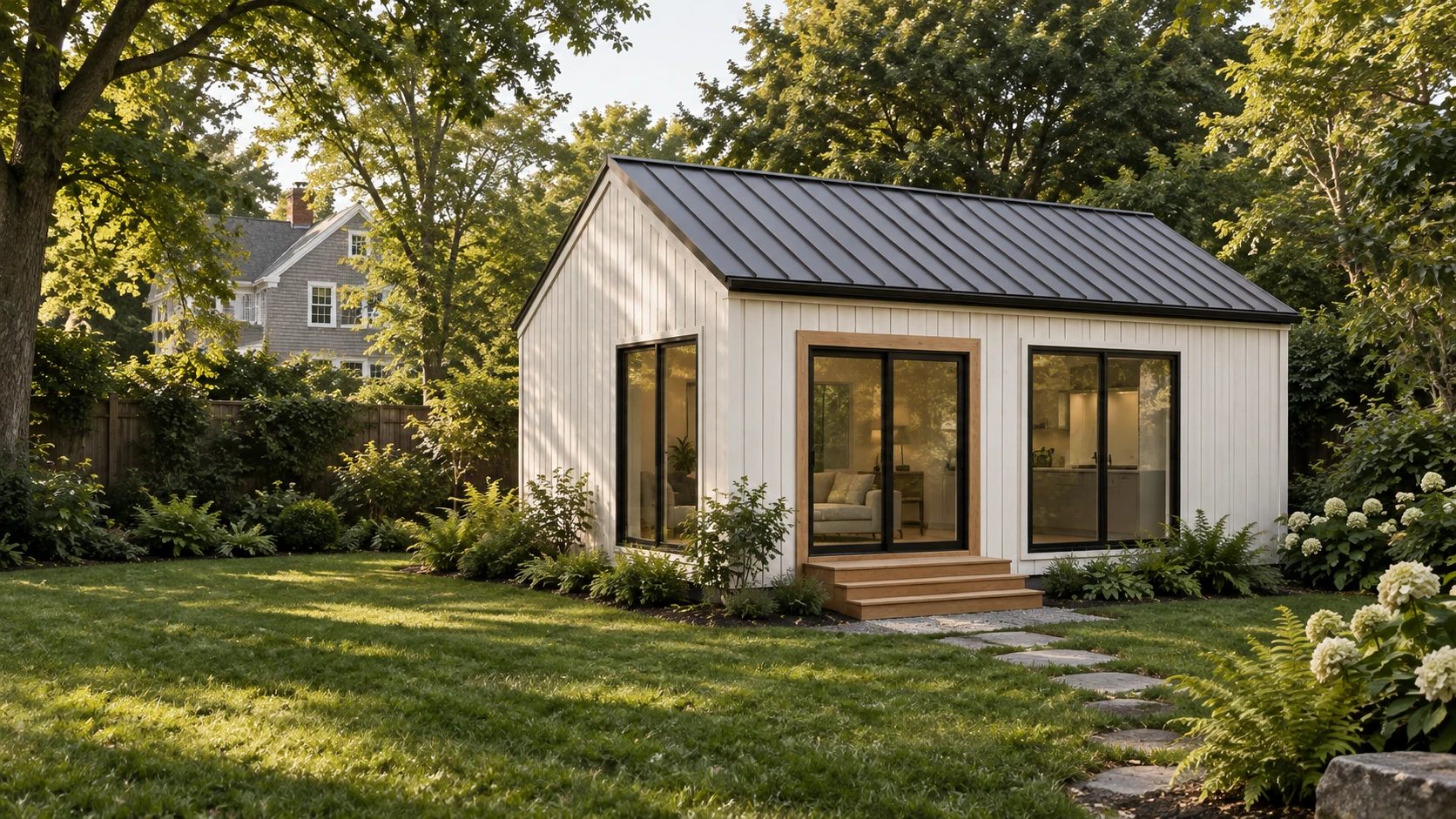 Lumara 320 landscape design concept with warm white siding, dark roof and a timber entry in a New England garden