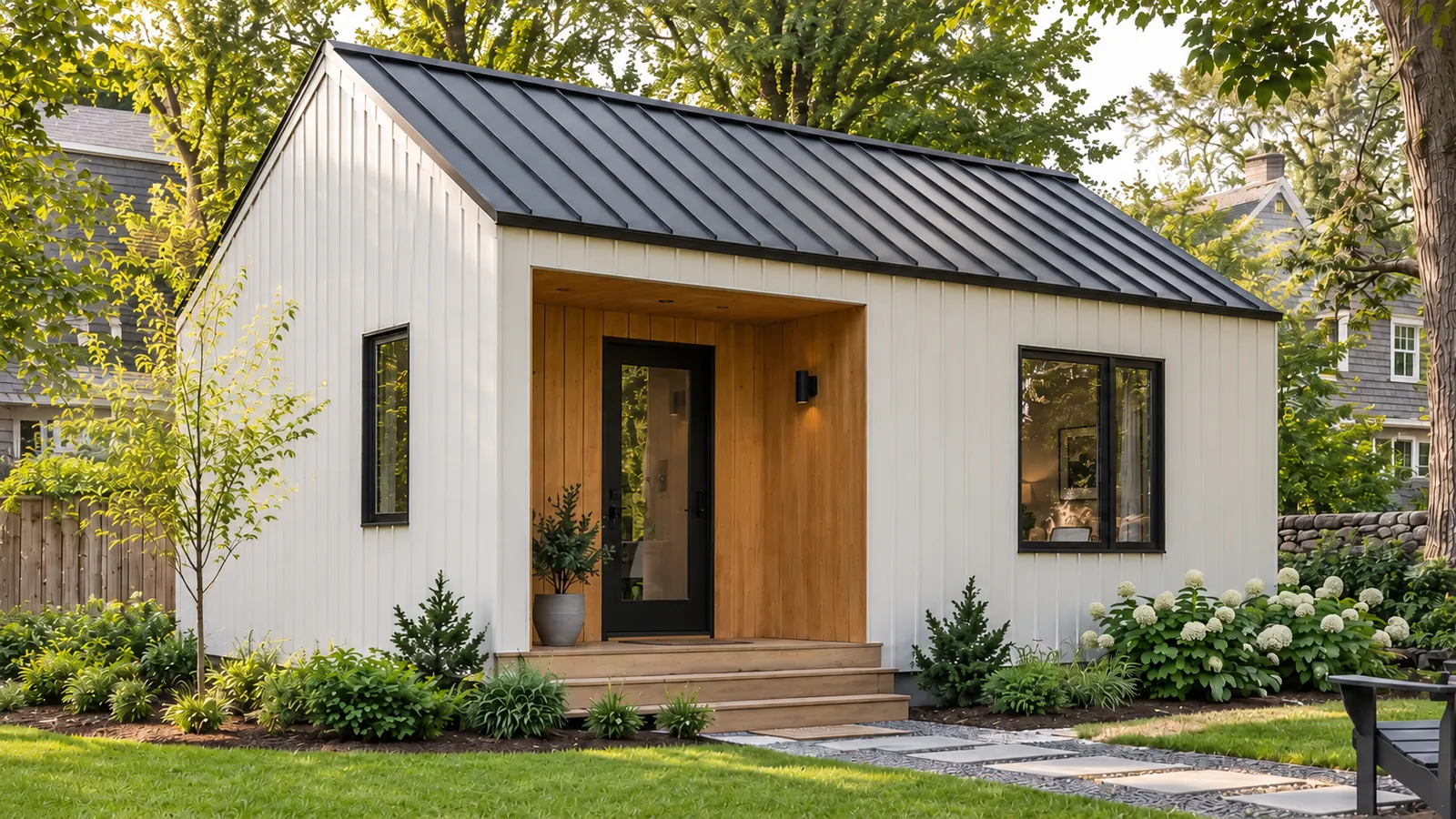 Lumara One Bedroom architectural rendering with white vertical siding, dark gable roof and recessed timber entry