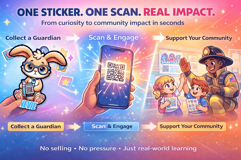SmartSlaps illustration showing a Guardian sticker, an optional QR scan, and a community conversation with a firefighter.