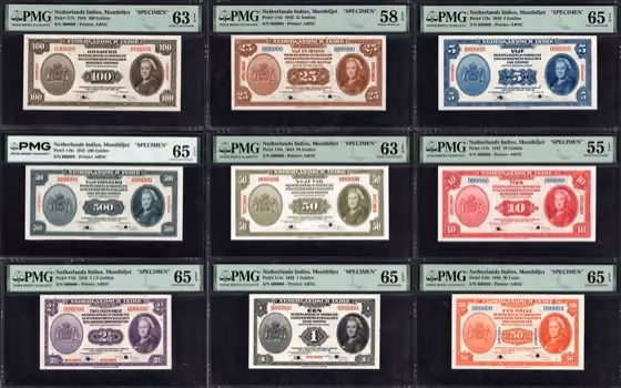Netherlands Indies full ABNC Specimen Series (9) 1943, lot 731 from Schulman Papiergeldveiling 8