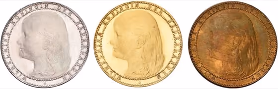 Presentatieset proefslagen voor rijksdaalders met hangend haar 1892, kavel 742 uit Veiling 377 van Schulman