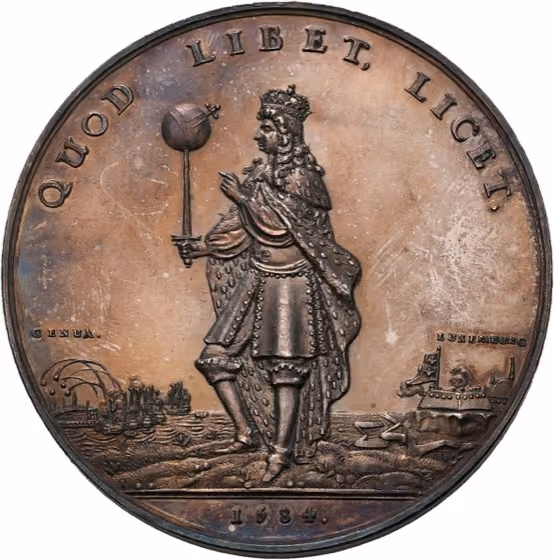 Satirische Penning op het Hoogmoedige Gedrag van Lodewijk Xiv Na de Inname van Luxemburg en het Bombardement van Genua, lot 259 from Schulman Selectie Veiling 370