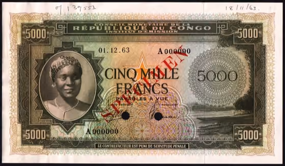 5000 Francs SPECIMEN 1963, kavel 38 uit Papiergeldveiling 3 van Schulman