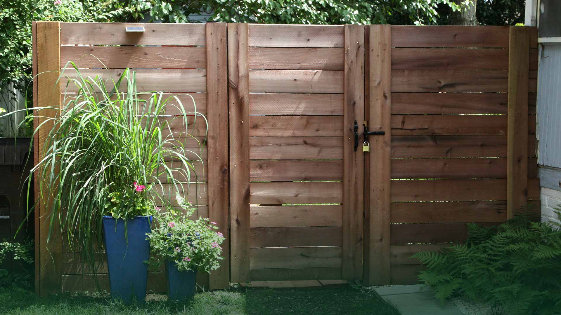 Horizontal-board wood privacy fence with a padlocked gate beside potted ornamental grasses