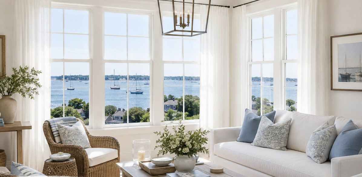 Bright sunroom with harbor views and fresh white walls
