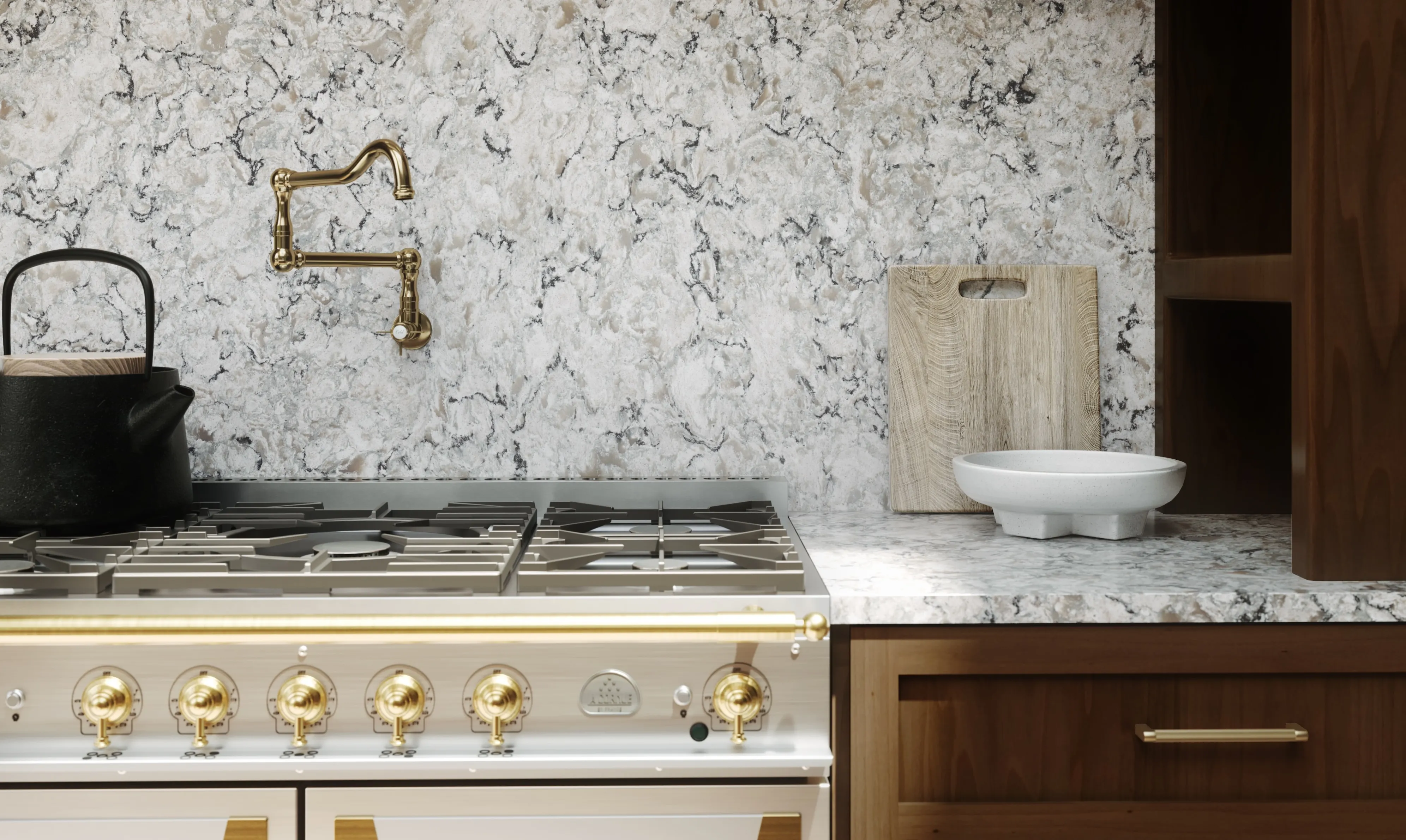 Patterned light countertop and matching full-height backsplash beside a kitchen range and walnut cabinetry