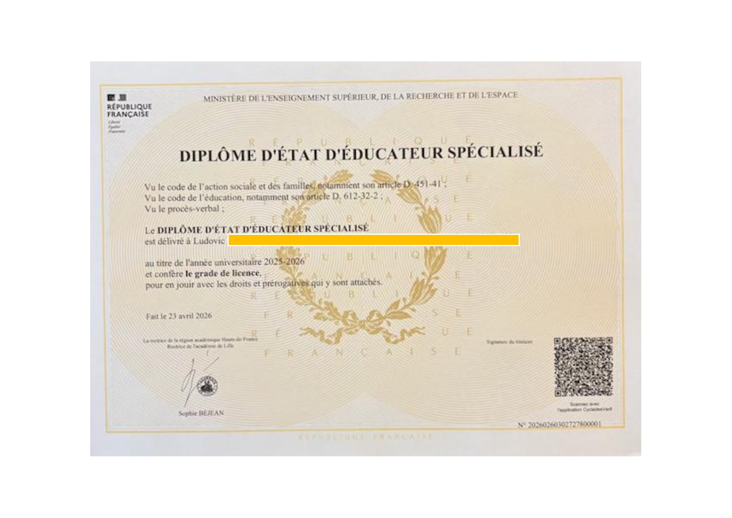 Diplôme d’État d’éducateur spécialisé obtenu par Ludovic en avril 2026, données personnelles protégées