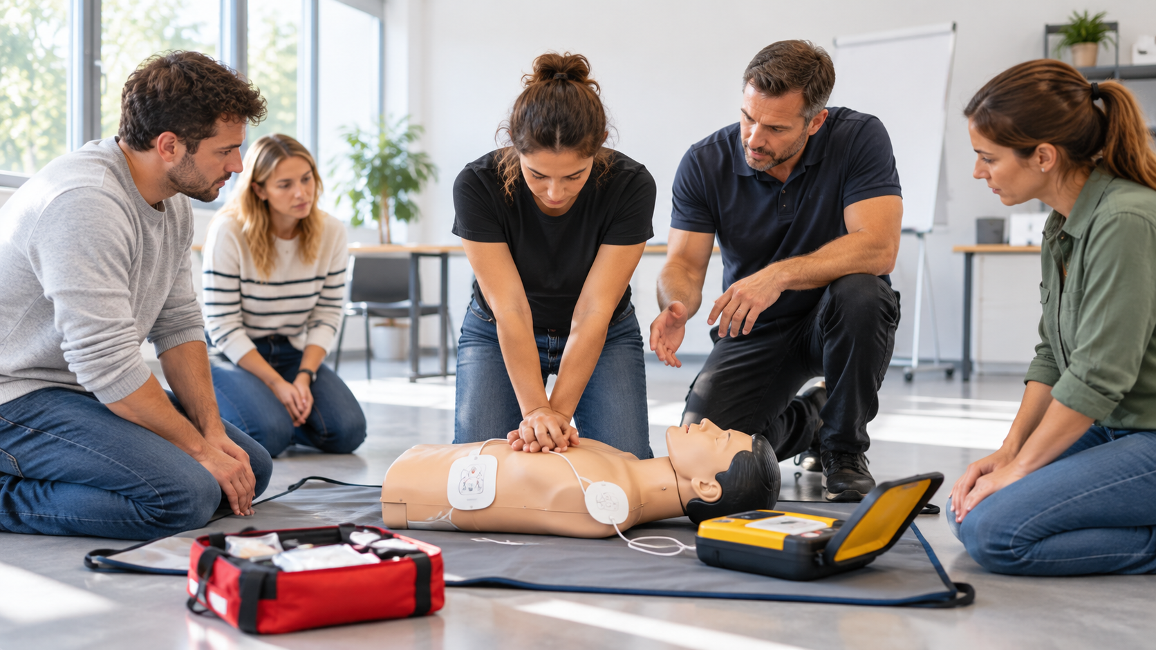 Formation SST CDVA aux gestes de premiers secours avec mannequin et défibrillateur