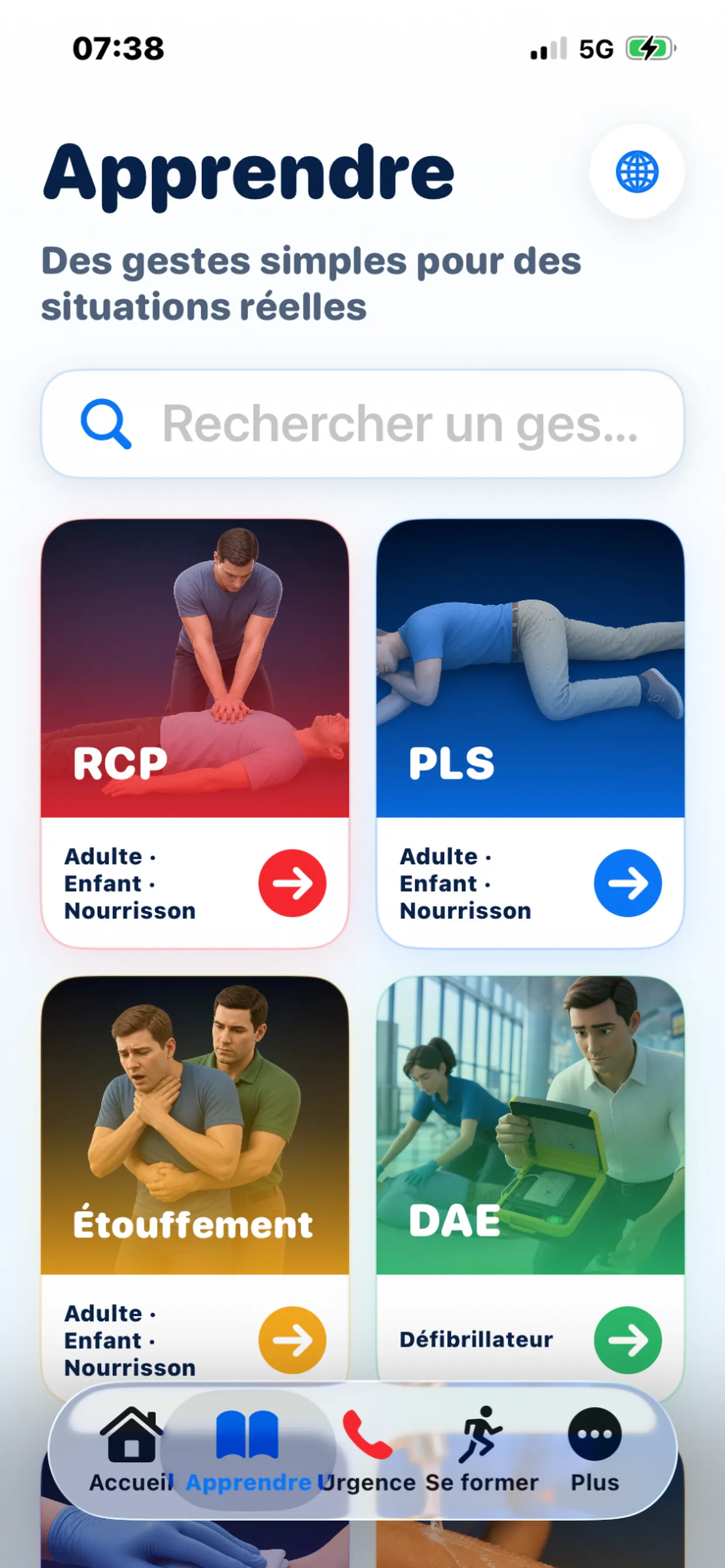 Écran Apprendre de First Aid : RCP, PLS, étouffement et défibrillateur