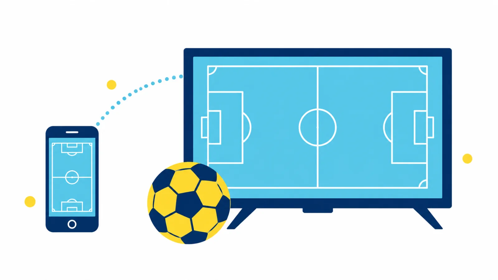 ภาพประกอบการดู beIN Sports ในไทย จอโทรทัศน์สีน้ำเงินเข้มแสดงสนามฟุตบอล ข้างกันมีสมาร์ตโฟนที่แสดงภาพสนามเดียวกันและลูกฟุตบอลสีเหลืองวางด้านหน้า