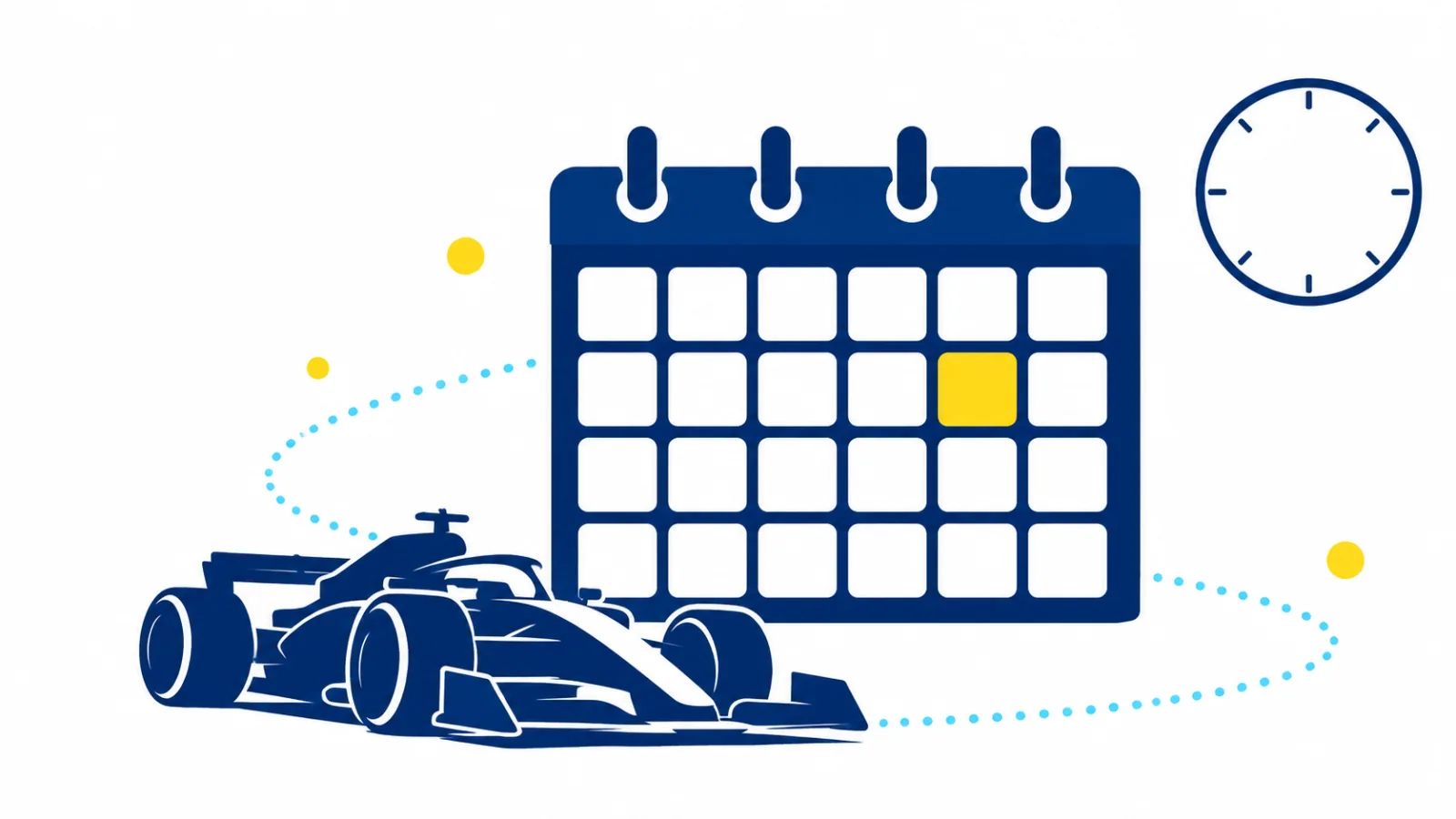 ภาพประกอบตารางแข่ง F1 ปฏิทินแขวนผนังที่มีหนึ่งช่องเน้นสีเหลือง รถแข่งล้อเปิดอยู่ด้านหน้า และนาฬิกาที่มุมขวาบน
