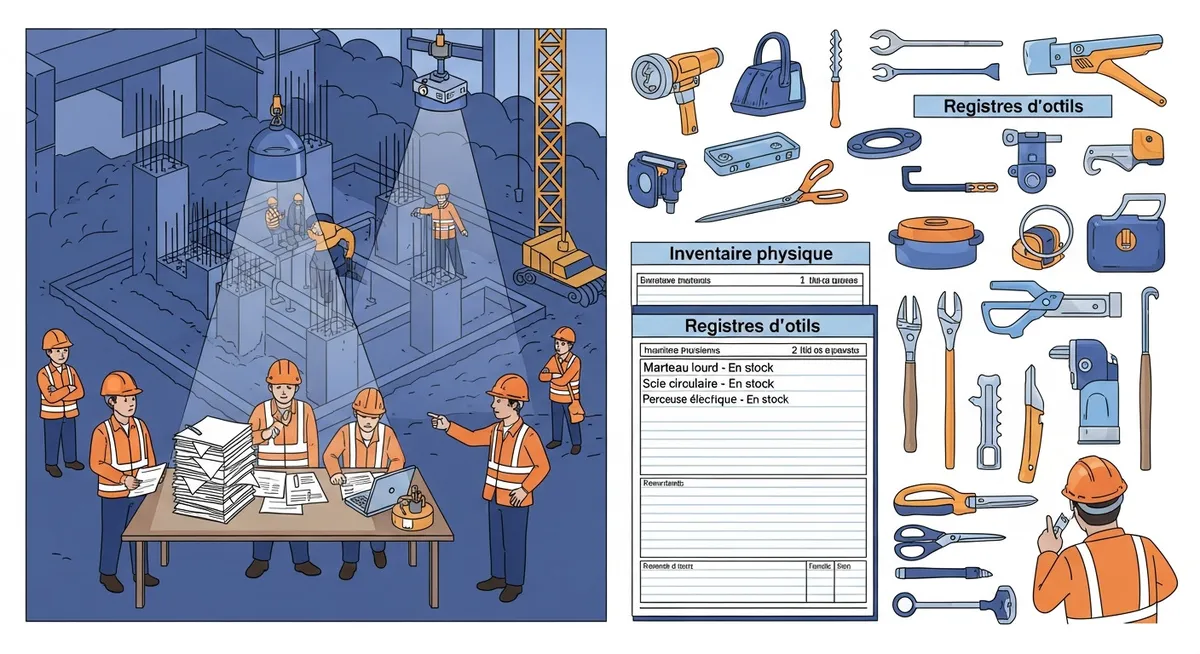 Illustration du matériel fantôme sur un chantier de construction avec des outils manquants dans l'inventaire mais présents dans les registres