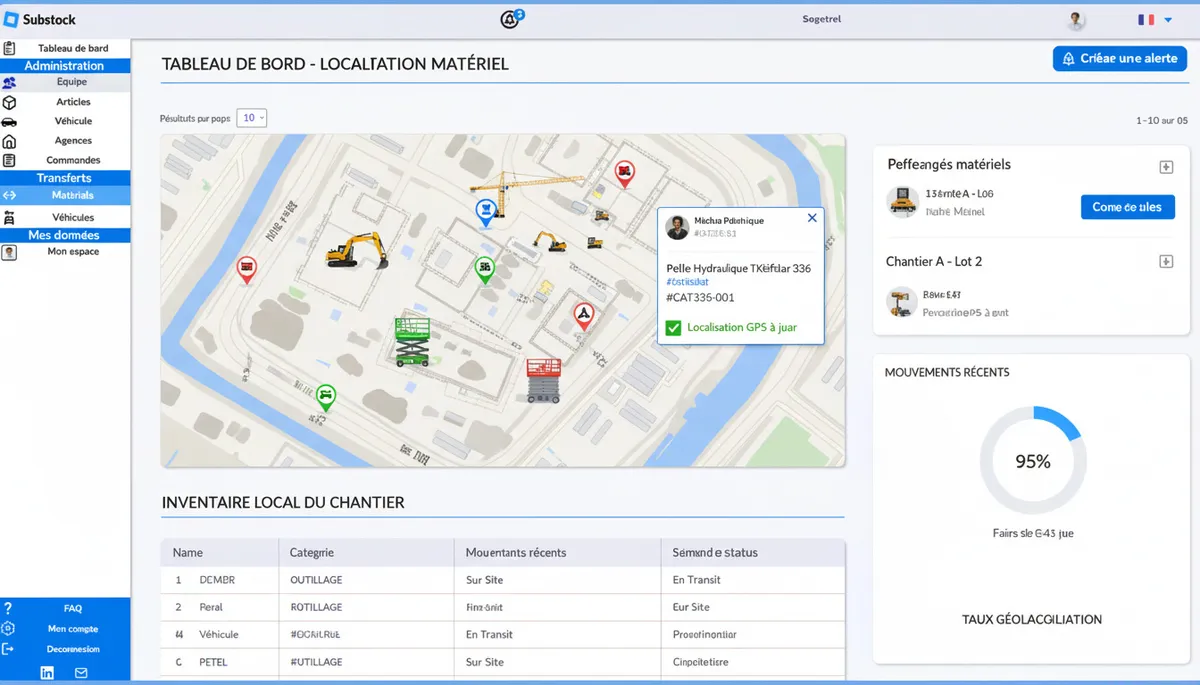 Dashboard de gestion d'inventaire matériel chantier montrant la localisation des équipements
