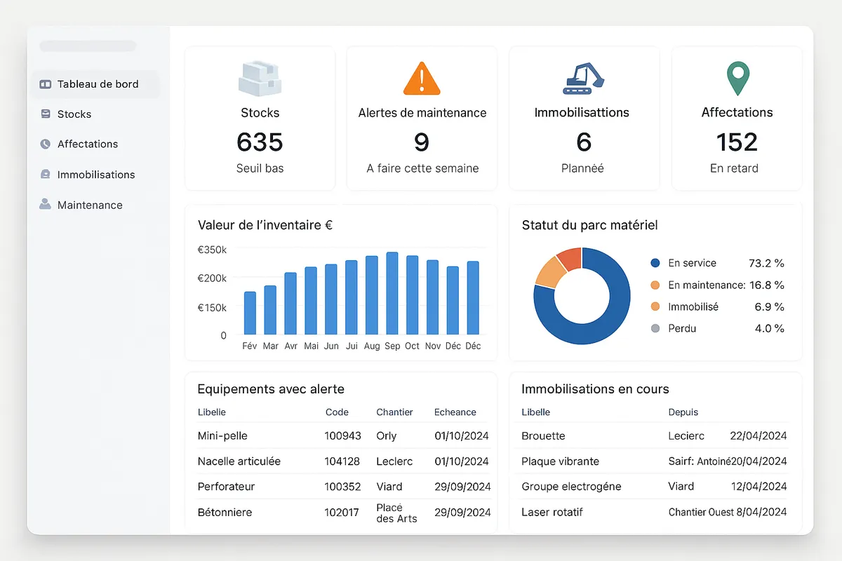 Tableau de bord de gestion du parc matériel BTP : stocks, alertes de maintenance, immobilisations et affectations