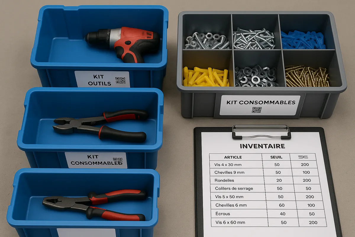 Préparation de kits de consommables et d’outillage pour le départ chantier avec réassort automatique à seuil