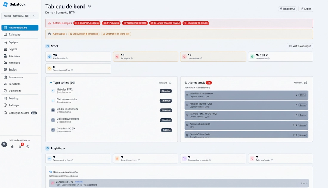 Tableau de bord Substock de suivi des coûts matériels BTP en temps réel