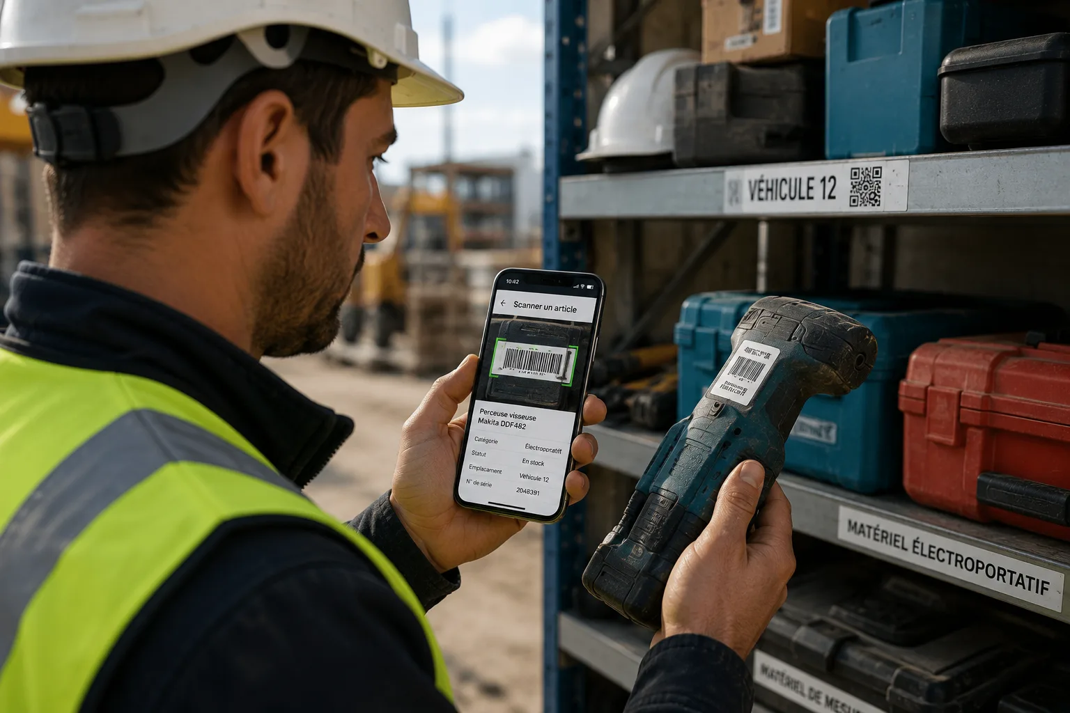 Utilisateur scannant le code-barres d'un équipement BTP avec l'application mobile Substock