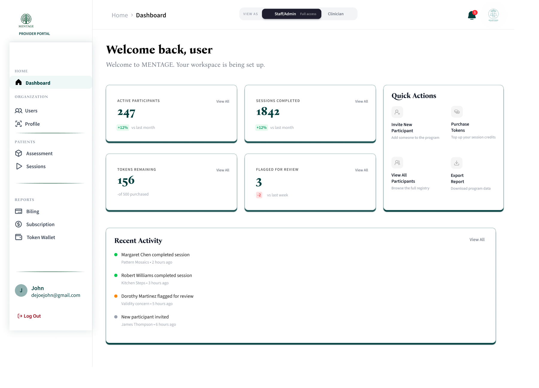 MEVA staff workspace showing participant activation, completed sessions, remaining credits, review items, and recent activity.