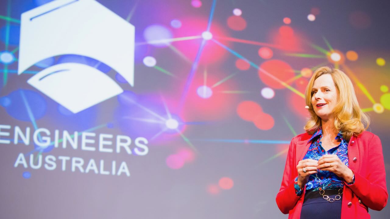 Naomi Simson delivering a keynote for Engineers Australia at ICC Sydney, 2018
