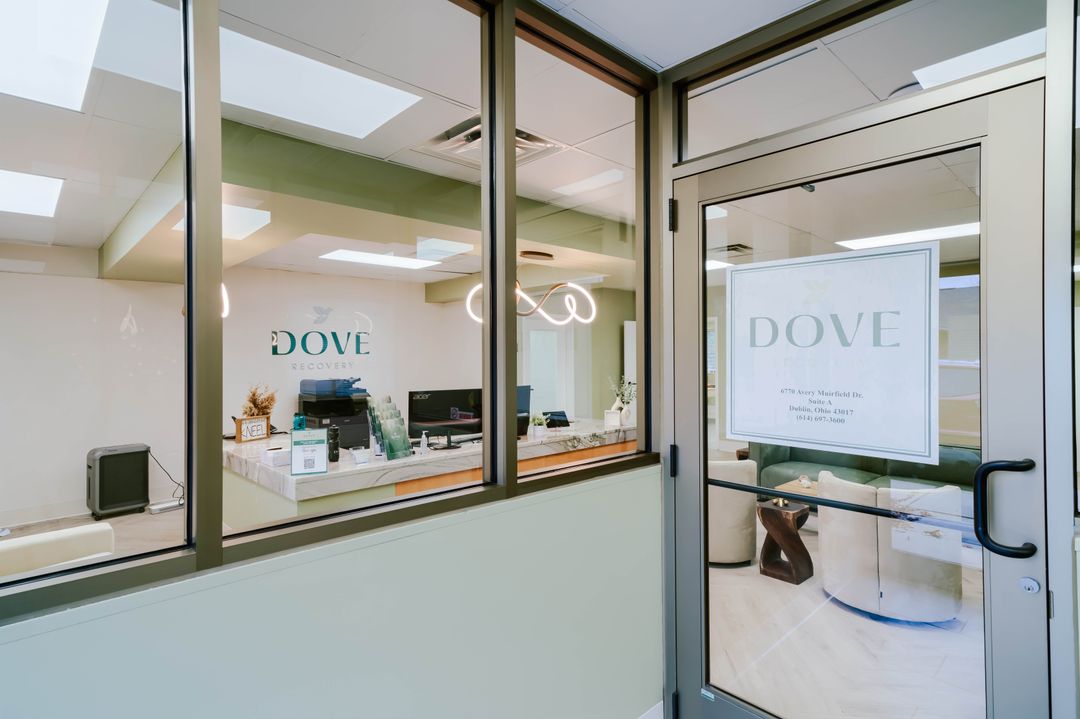 Glass entrance and Dove Recovery reception desk in Dublin, Ohio