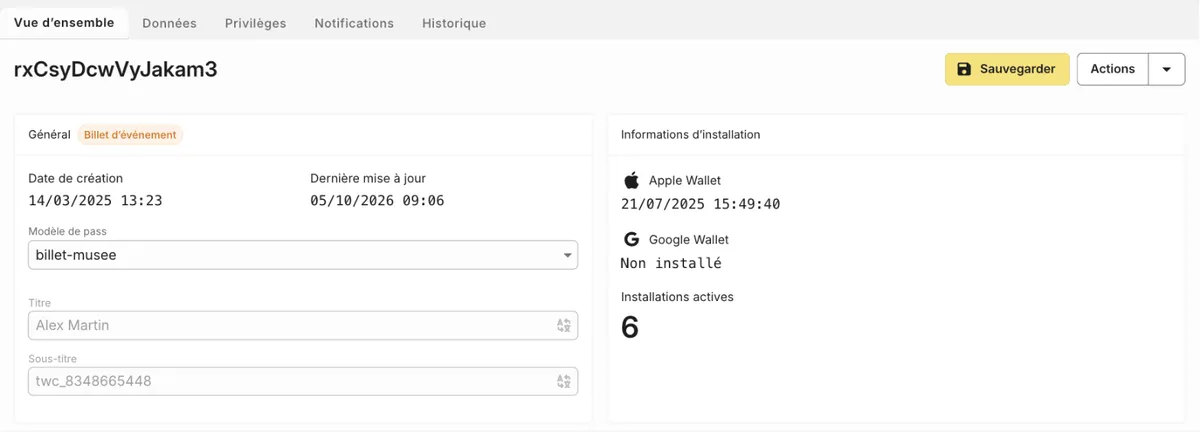 Fiche d un pass dans le back-office : installations par type de wallet