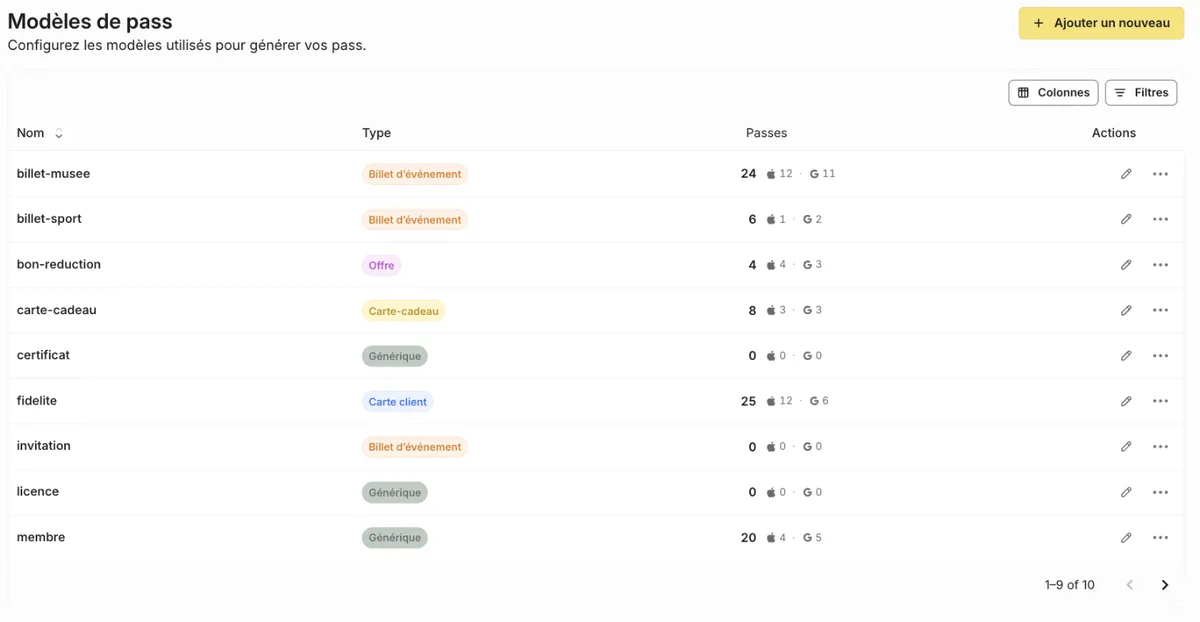 Liste des modèles de pass dans le back-office, par environnement