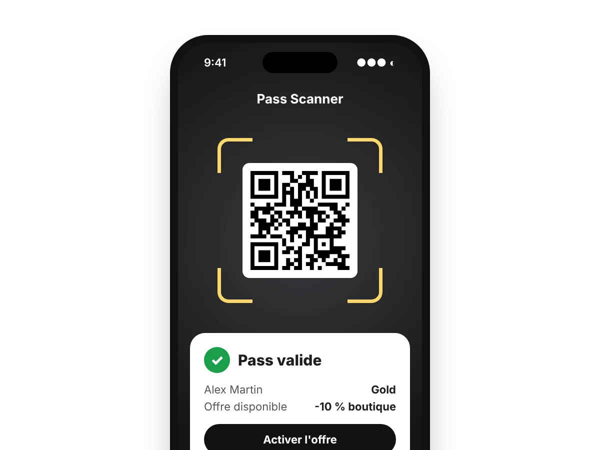 Application Pass Scanner affichant un pass valide et une offre en boutique à activer