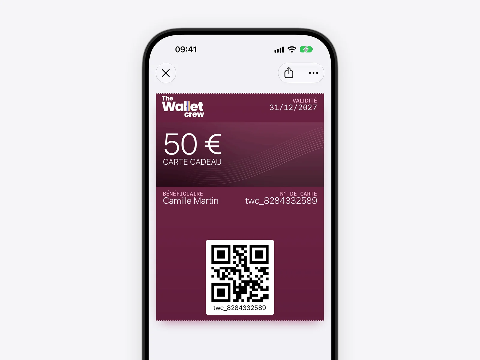 Carte cadeau bordeaux dans Apple Wallet sur iPhone