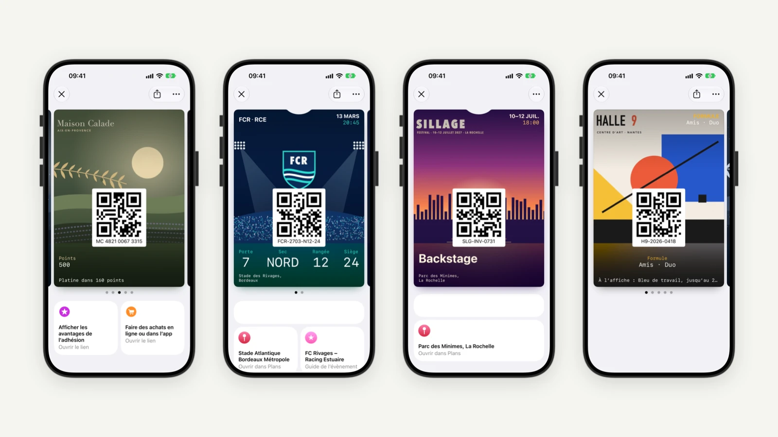 Quatre cartes Wallet aux couleurs de marques affichées sur iPhone