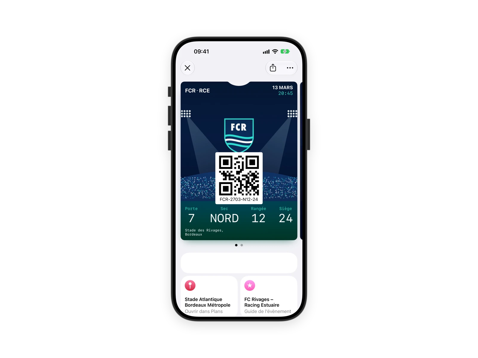 Billet de match dans Apple Wallet sur iPhone
