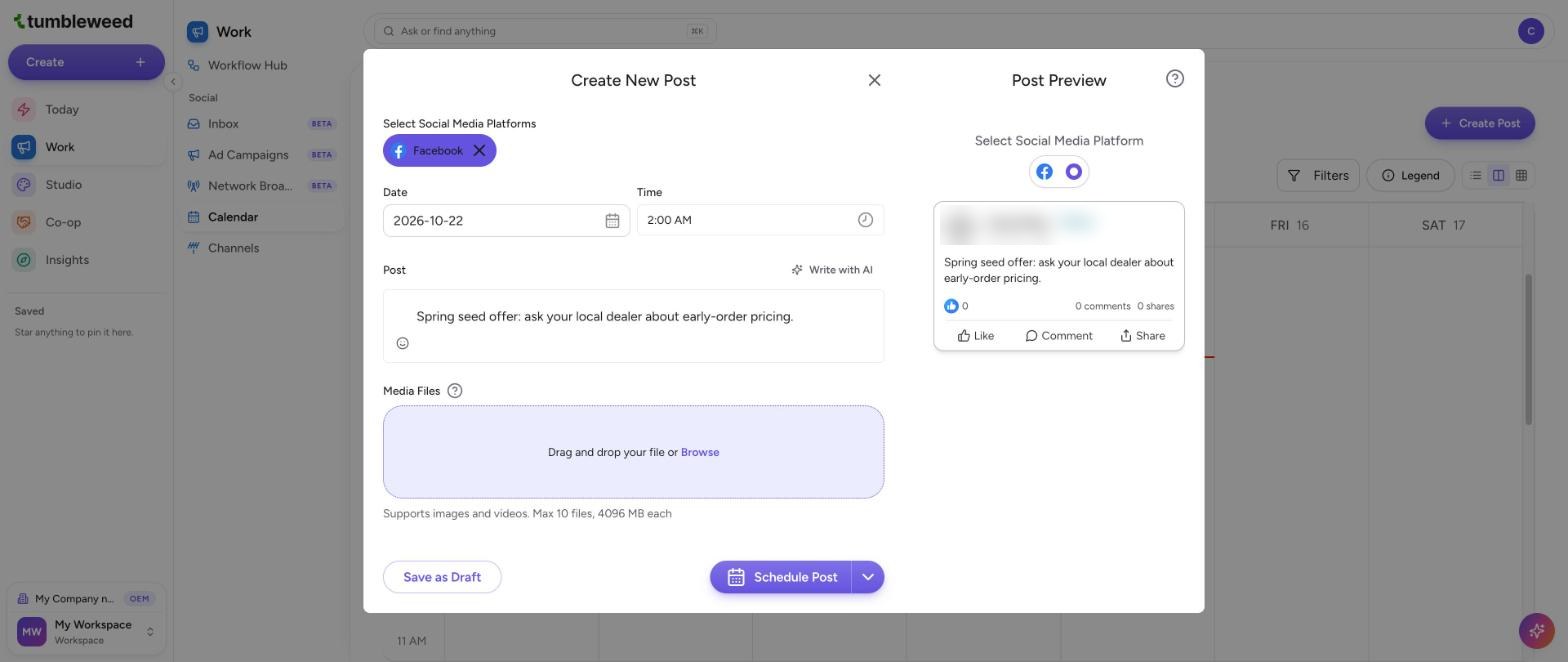 The Create New Post window with a date and time chosen and the Schedule Post button