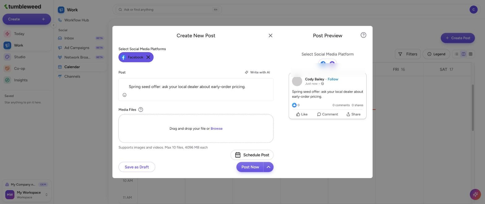 The Create New Post window with the Schedule Post option under the Post Now arrow