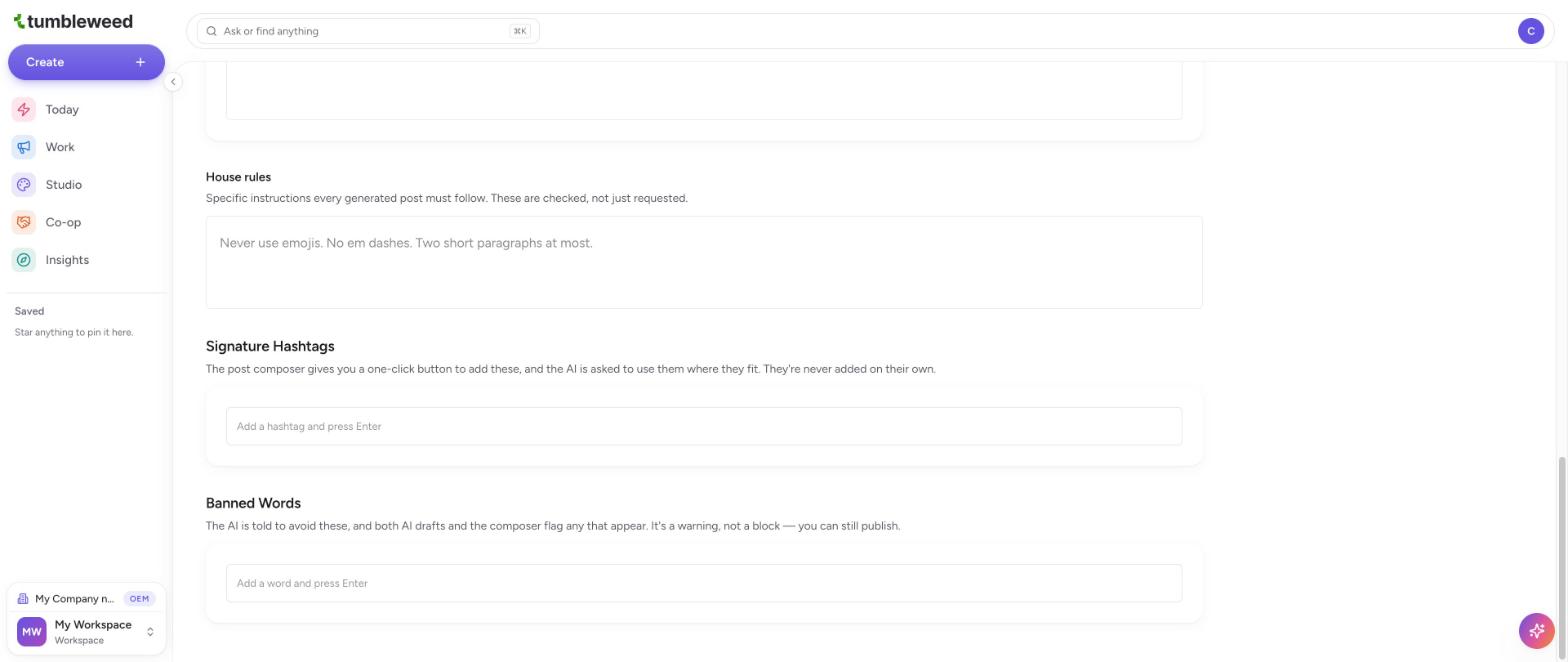 The Signature Hashtags and Banned Words fields